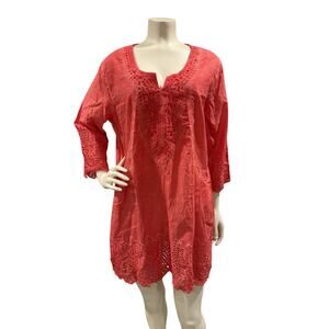 Parsley & Sage Orange Lace Eyelet 3/4 Sleeve Cotton Tunic Top Blouse L